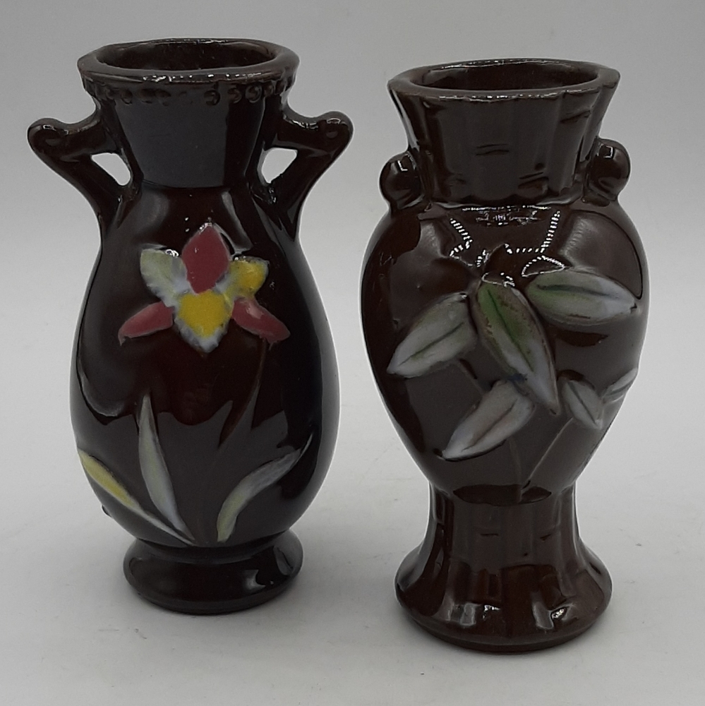 Vintage 4 1/2" Brown Moriage 2 Vases Made in Occupied Japan Ceramic Redware